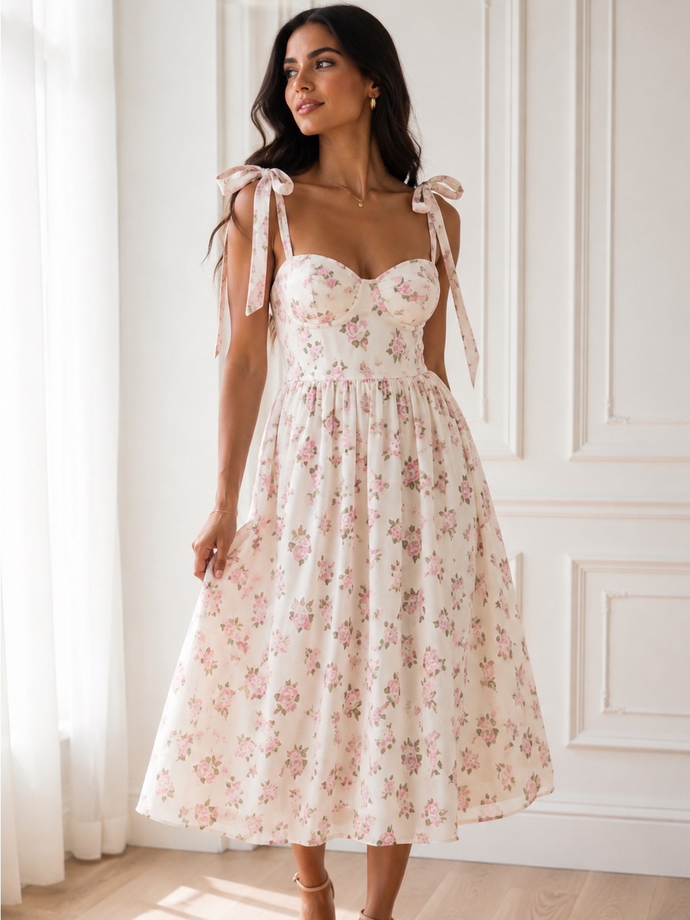 Morning Lavender Angelina Floral Bustier Midi Dress Tie Straps Sz Small
